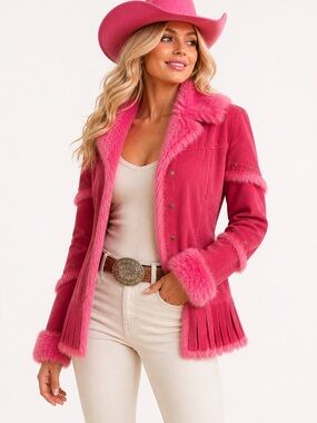 Pink Faux Fur Trimmed women Jacket Fringe & Studs Small western cowgirl Barbie